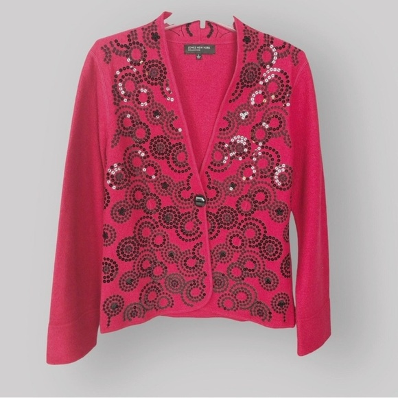 Jones of New York Collection 100% Merino Wool embroidered Cardigan NWT in Red - Picture 3 of 8